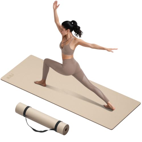 ILILI 10mm Extra Thick, TPE Yoga Mat, 76×28 Inch Extra Long, Carrying Strap | Double‑Color, Non‑Slip, Eco‑Friendly, Cushioned for Yoga, Pilates, Floor Exercise, Home Fitness, Outdoor Travel - color: Beige+Brown