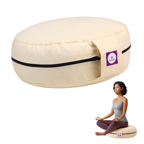 Yogikuti 100% Cotton Meditation Cushion (Round) with Handle | Firm & Comfortable Yoga Cushion | Removable Washable Cover | Floor Seating Support for Meditation, Yoga & Pranayama - color: Beige