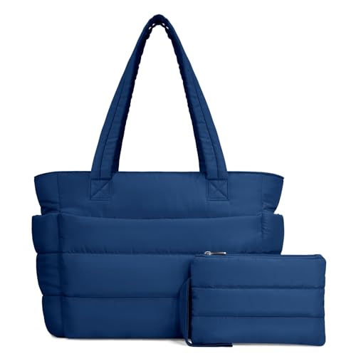 TOPDesign Puffer Tote Bag for Women, Lightweight Puffy Handbag with Compartments, Quilted Shoulder Bag for Work, Travel, Gym - color: Blue, size: Medium