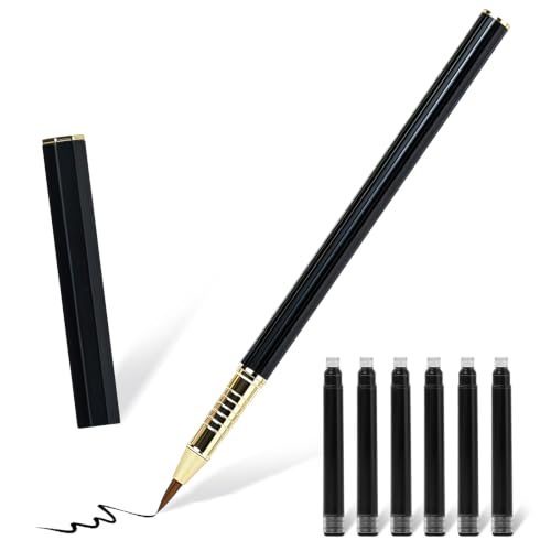 M&G Calligraphy Pen Set, 1 Pcs Fountain Pen with 6 Pcs Refillable Black Ink Cartridges, Soft Brush Tip, Portable Calligraphy Brush Pens for Beginner Hand Lettering Writing Drawing Supplies (Black)