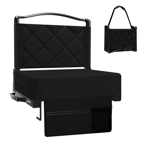 Stadium Seats with Back Support and Cushion Thick Padded Bleacher Chairs with Shoulder Strap, Portable Folding Stadium Seat Chairs for Bleachers Include Cup Holder and Side Pocket, Black - color: With Pocket-black, size: 1pcs