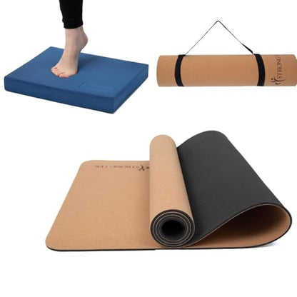 StrongTek Foam Balance Pad & Cork Yoga Mat Set – Non-Slip Stability Pad and Eco-Friendly Yoga Mat for Exercise, Pilates, Physical Therapy & Home Fitness