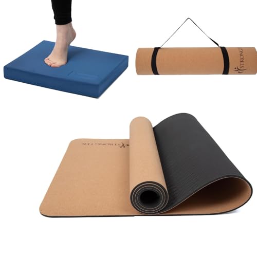 StrongTek Foam Balance Pad & Cork Yoga Mat Set – Non-Slip Stability Pad and Eco-Friendly Yoga Mat for Exercise, Pilates, Physical Therapy & Home Fitness