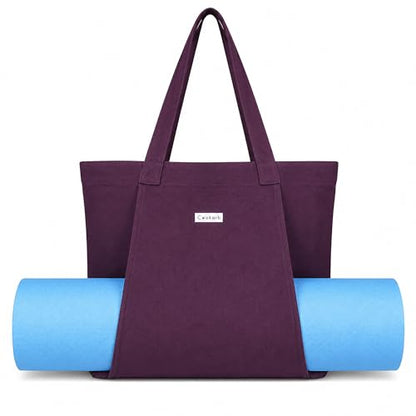 Yoga Mat Bag for Women, Pure Cotton Canvas Yoga Tote with Wet/Dry Pocket, Bottle Holder & Inner Zipper Pocket, Yoga Mat Carrier Bag for Pilates, Gym, Travel, Beach - color: Purple