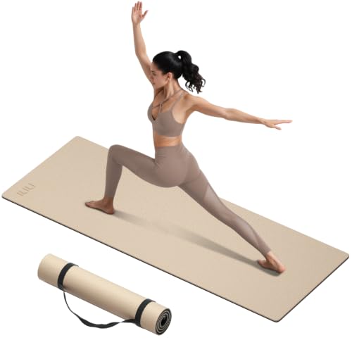 ILILI 10mm Extra Thick, TPE Yoga Mat, 76×28 Inch Extra Long, Carrying Strap | Double‑Color, Non‑Slip, Eco‑Friendly, Cushioned for Yoga, Pilates, Floor Exercise, Home Fitness, Outdoor Travel - color: Beige+Black