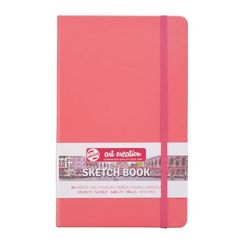 Talens Art Creation Sketchbook, Coral Red, 80 Sheets, 5.1 x 8.3 in | Hard-Bound Pocket Notebook, 140 GSM/94 lbs Paper, Acid-Free Cream Blank Paper, Ribbon Bookmark, and Elastic Closure - color: coral red, size: 13×21cm