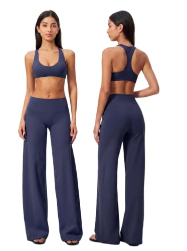 Womens Two Piece Workout Sets Spaghetti Straps Crop Top Matching Straight Leg Pants Gym Yoga Pilates Outfits - color: V-true Blue, size: Small