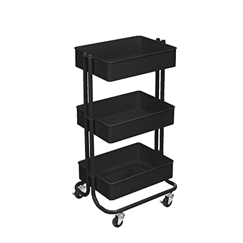Simply Tidy Lexington Black 3-Tier Metal Rolling Cart - Multi-Functional Storage Cart for Home, Office, and Kitchen - 1 Pack