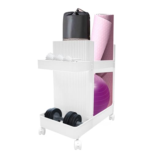 Home Gym Storage,2 Tiers Workout Equipment Organizer with Wheels Workout Equipment Storage Organizer Yoga Mat Storage Racks Home Gym Storage Rack for Yoga Mats, Foam Roller, Dumbbells - color: White