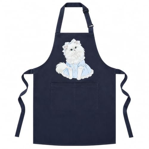 Unisex Cat Chef Apron, Adjustable Strap with Two Pockets | Thick waterproof fabric, machine washable. 27.5×31.5 in. Dual pockets for phones. Dual neck straps, long ties, cute cat print - color: Navy Blue