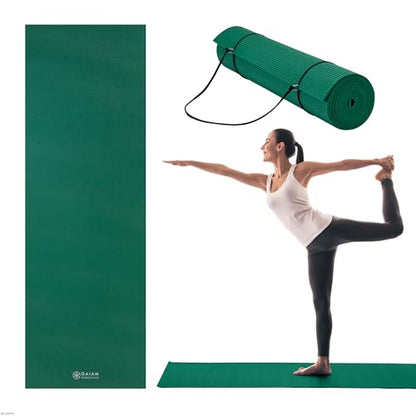 Gaiam Essentials 1/4" Thin (6mm) Yoga & Pilates, Fitness & Exercise Mat with Easy-Cinch Carrier Strap Cusion Support For Fitness and Gym Workouts - color: Green