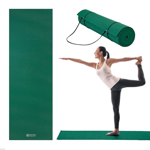 Gaiam Essentials 1/4" Thin (6mm) Yoga & Pilates, Fitness & Exercise Mat with Easy-Cinch Carrier Strap Cusion Support For Fitness and Gym Workouts - color: Green