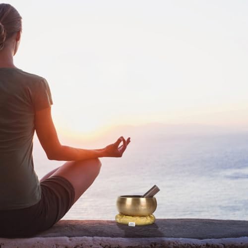 Kmise Tibetan Singing Bowls Set- Handmade in Nepal Meditation Sound Bowls for Yoga, Meditation, Mindfulness, Healing and Chakra Balancing, Stress Relief (5', Gold Flower) - color: 5inch Golden Flower