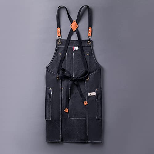 Aoomzoon Canvas Aprons for Men Chef Apron, Work Apron with Large Pockets - 16oz Heavy Duty Cross Back, BBQ, Cooking - color: Black