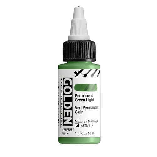 GOLDEN High Flow Acrylics, Permanent Green Light, 1 fl. oz. Bottle | Artist grade paint blending the strength of acrylic and versatility of ink for spraying, drawing, staining and mixed media. - color: Permanent Green Light