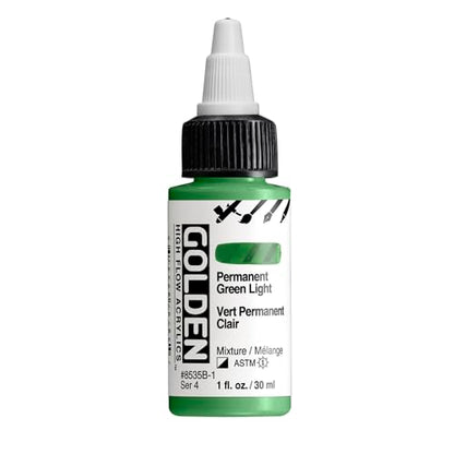 GOLDEN High Flow Acrylics, Permanent Green Light, 1 fl. oz. Bottle | Artist grade paint blending the strength of acrylic and versatility of ink for spraying, drawing, staining and mixed media. - color: Permanent Green Light