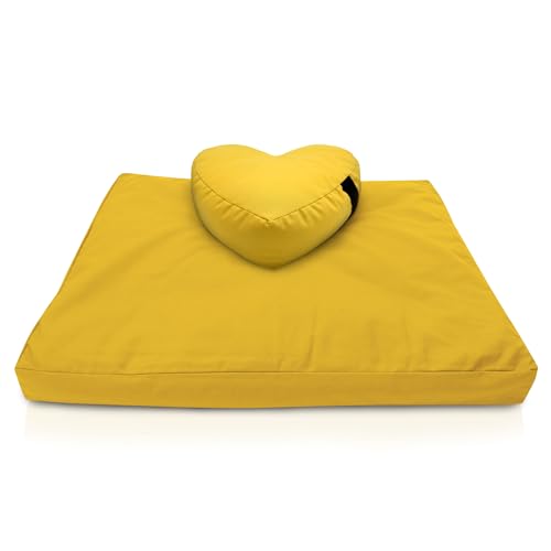 Bean Products Meditation Cushion Mat Set - Zafu Floor Pillow Organic Buckwheat Pillow + Cotton Filled Zabuton Prayer Pad - Meditation Pillow Yoga Knee Pad - Made in USA - 14" Round or 18" Oval - color: Lhassa Gold - 10oz Cotton Canvas, size: Heart Shaped