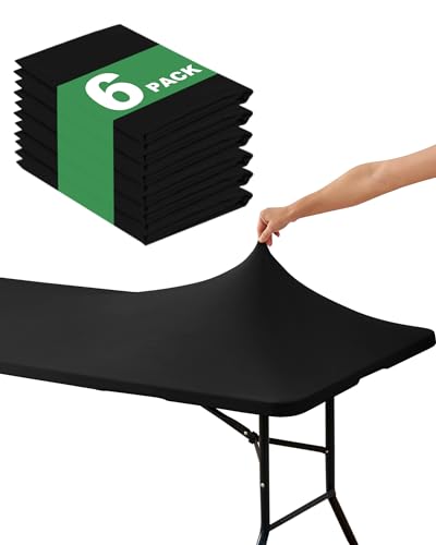 KeyWave Fitted Tablecloth Rectangle Table Cloths - 6 Pack 6 Foot Elastic Stretch Folding Table Top Cover Water-Resistant Reusable for Outdoor Picnic Camping Party Event, Black, 72" L x 30" W - color: Black, size: 6 ft - 6 Pack