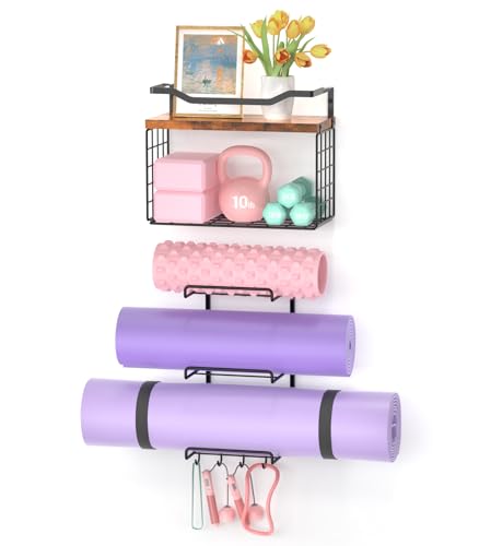 Yoga Mat Holder Wall Mount, Yoga Accessory Mats Storage Rack , Home Gym Accessories Organizer Storage With Wood Floating Shelves, Storage Basket and 4 Hook For Hanging Yoga Strap & Resistance Bands - color: Black