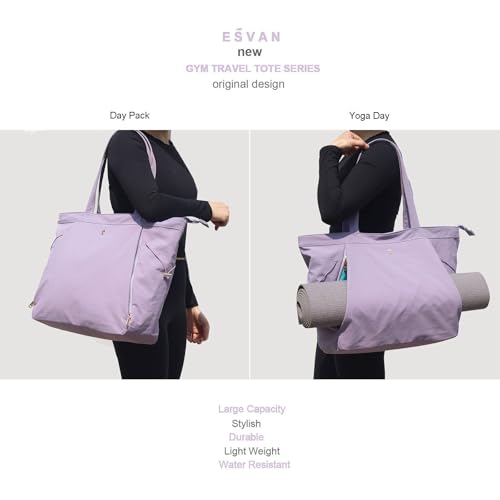 ESVAN Yoga Tote Bag for Women Shoulder Bags Drawstring for Office Workout Travel Carryall Pilates Gym and Beach - color: Nylon Lavender Purple