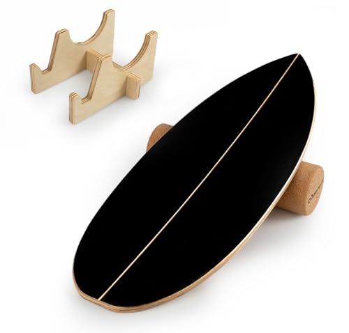 Goplus Balance Board Trainer for Adults, Wooden Balancing Board with Cork Roller and Storage Rack to Exercise and Build Core Strength, Wobble Board for Skateboard, Snowboard - color: Black + Natural
