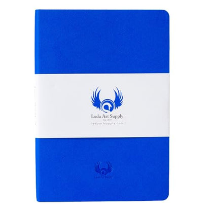 Leda Art Lay-Flat Sketchbook for Drawing, Artist A5, 160 Pages, Blue | Smooth cream paper takes pencil, ink, charcoal, light watercolor,thread-sewn binding,elastic strap,back pocket (5.8 x 8.3 in) - size: Medium Blue