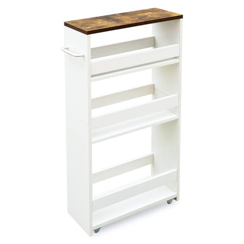 TEAMIX Slim Rolling Storage Cart, Wood 4-Tier Narrow Kitchen/Laundry Cart - color: White, size: 5-1/2'' W