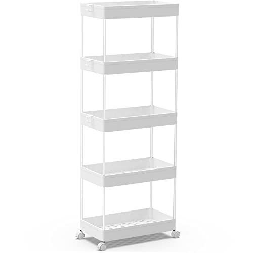 SPACEKEEPER 5 Tier Storage Rolling Cart, Bathroom Cart with Wheels, White - color: White, size: 5 Tier