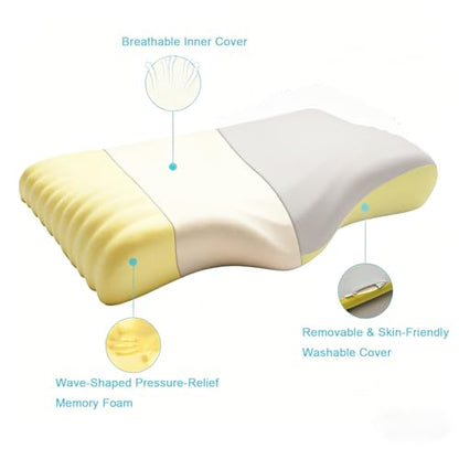 Memory Foam Cervical Pillow, Side and Back Sleeper Pillow for Neck Pain Relief, Orthopedic Cervical Contour Shape Soft Ergonomic Cervical Neck Pillow with Cooling Ice Silk Breathable Design