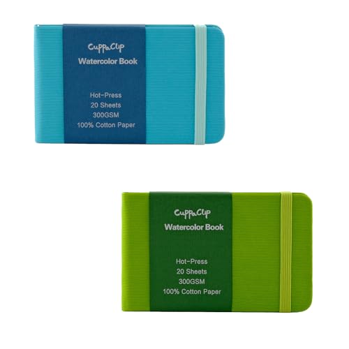 CuppaClip Watercolor Paper Cotton Hot-Pressed with Inner Pocket Watercolor Sketchbook Journal As Travel Notebook 300 GSM 140 LB (Blue+Green, 5.82x3.74in) - color: Blue＆Green, size: 5.8x3.7in