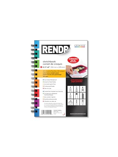 RENDR Wirebound Drawing Sketchbook 6.5x9, No Bleed-Through Paper for Alcohol Markers, Ink and Mixed Media | 180 GSM, Acid-Free, 40 Perforated Sheets