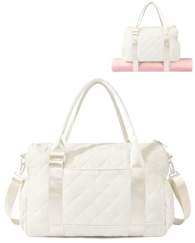 Gym Bag for Women with Yoga Mat Holder, Small Mini Gym Tote Bag Puffy Quilted Lightweight Sports Duffel Bag with Wet Compartment for Dance Yoga Workout Travel - Beige - color: Beige