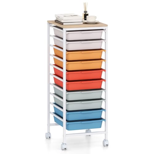 GOFLAME 10-Drawer Rolling Storage Cart, Craft Storage Cart with Wooden Tabletop and Lockable Wheels, Art Cart Supply Storage Organizer with Metal Frame for Home Office Classroom, Macaron Color - color: Macaron Color, size: 10-Drawer with Wood Top