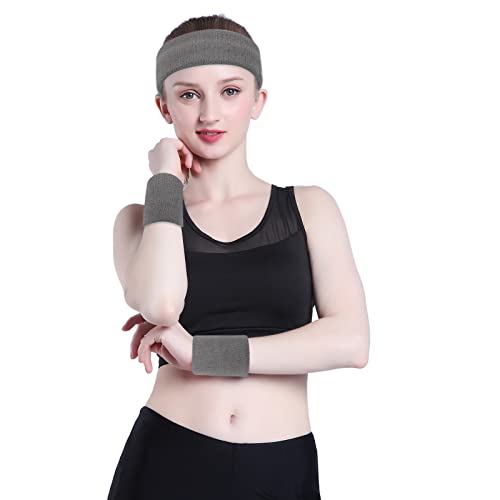 ONUPGO Sweatband Set Sports Headband Wristband Set Sweatbands Terry Cloth Wristband Wrist Sweatband Headbands Moisture Wicking Sweat Absorbing Head Band - color: Grey