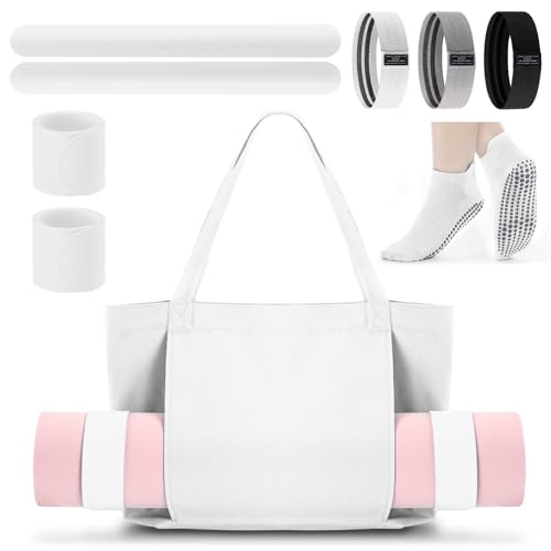 Halloscume Yoga Mat Bag Set for Women Including Yoga Tote Bag (Without Mat) Booty Resistance Bands Non Slip Sports Socks Silicone Ties for Pilates Travel Workout Office Home Gym - color: White