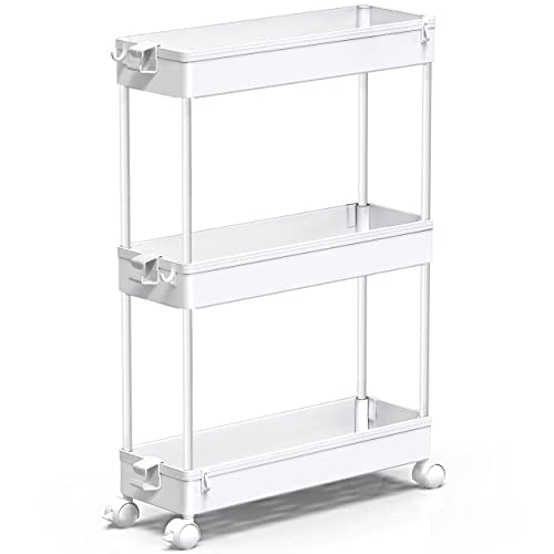 SPACEKEEPER Slim Rolling Storage Cart, 3 Tier Bathroom Cart Organizer,White | Narrow Rolling Cart with Wheels for Kitchen Office Bathroom Laundry Room,Mobile Utility Cart for Craft Art Makeup Nail Polish - color: White