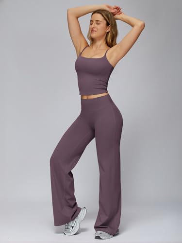 Womens Two Piece Workout Sets Spaghetti Straps Crop Top Matching Straight Leg Pants Gym Yoga Pilates Outfits - color: Deep Purple, size: Small