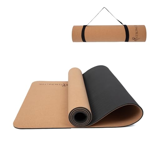 StrongTek Cork Yoga Mat, Eco-Friendly, TPE Base, 7 mm, 72 x 24 in | Natural Non-Slip Grip, Cushioned Support, Durable Surface, 2 lb Lightweight, Hot Yoga, Pilates, Home Fitness, Carry Strap