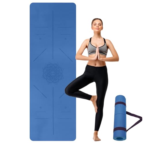 U&M Yoga Mat Non Slip, 0.24" Thick 72"x24" TPE Yoga Mats for Women Men, Anti-Tear Exercise & Fitness Mat with Carrying Strap, Workout Mats for Yoga, Pilates and Floor Exercise - color: Blue