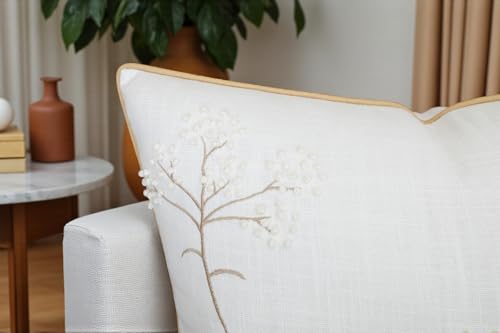 Rudransha Hand Embroidered Bahara Bloom Decorative Square Accent Throw Pillowcase - Decor for Bedroom, Sofa, Chair, Patio, Car, Balcony, Bench, Porch, Living Room, Office - 20x20 Inches, Ivory