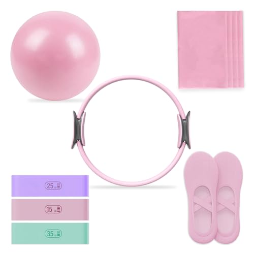 Pilates Essential Kit - Home Pilates Equipment Set - with Toning Pilates Ring & Long Resistance Bands & 3 Level Pilates Loop Bands & Soft Pilates Ball & Pilates Grip Socks - color: Pink