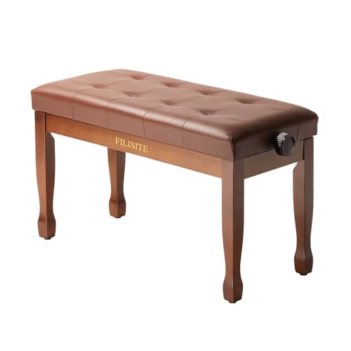Adjustable Height Duet Piano Bench, Wooden Piano Stool with Waterproof Padded Cushion, Bench Seat for Vanity, Bedroom, Living Room, Light Brown - color: Duet-wood