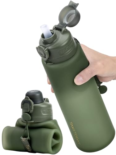 TakeToday Collapsible Water Bottles, Foldable for Travel, 32oz, Green | Compact Foldable Travel Bottle with Straw, TSA-Approved Leakproof Silicone, BPA-Free for Hiking & Outdoors - color: Green