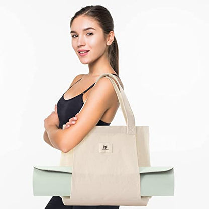 Moyaqi Canvas Tote Bag with Yoga Mat Carrier Pocket Carryall Shoulder Bag for Office, Workout, Pilates, Travel, Beach and Gym - color: Beige