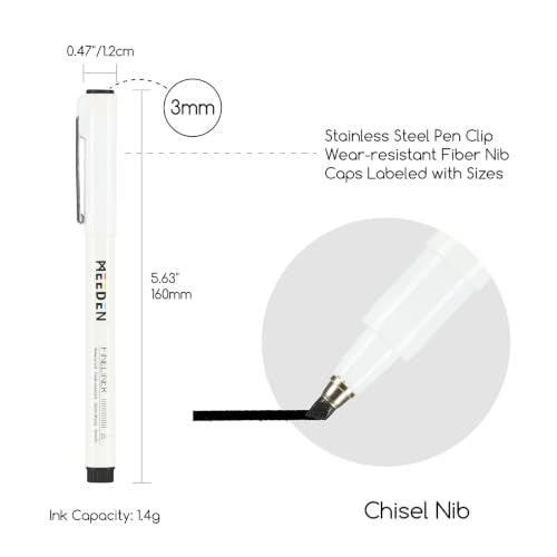 MEEDEN Micro Fineliner Drawing Pens: Fine Liner Pen 6 Pack, 3mm Black Waterproof Archival Ink for Large-Area Filling, Bold Outlining, Poster Lettering, Manga Panels and Expressive Artwork - Chisel Nip - style: 3mm Chisel Nib
