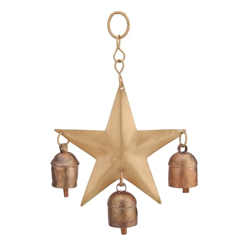 Wind Chime for Outside with 3 Rustic Cow Bells – Gold Metal Hanging Jingle Bell Chime for Yard, Garden, Wall, Outdoor Indoor Home Decor, Christmas Ornament, Boho Farmhouse Decor (Star 7x5) - color: Golden Star Chime