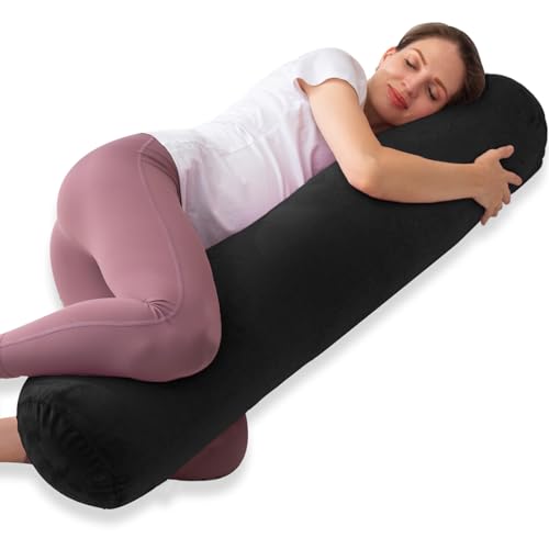 1 MIDDLE ONE Round Body Pillow for Adults, Long Bolster Pillow for Bed with Removable Velvet Cover, Decorative Tube Roll Cylinder Pillow, 47 x 7.87 Inch, Black - color: Black, size: 47 inch