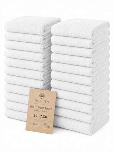 BIOLINEN Salon Towels 24 Pack White 15x25, 100% Cotton Hand Towels for Bathroom, Bleach Resistant Barber Esthetician Spa Gym Towels, Super Absorbent - color: White