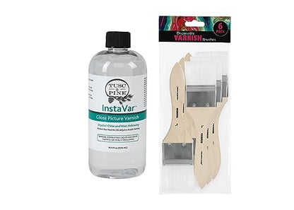 Jerry's Artarama InstaVar™ Gloss Picture Varnish & Varnish Brush Sets - Perfect for Varnish Paintings, Artists, Professionals, Restoration, & More! - 16.9oz Bottle w/ Set of 6 Brushes - size: 16.9oz Bottle & Brushes