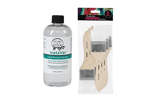 Jerry's Artarama InstaVar™ Gloss Picture Varnish & Varnish Brush Sets - Perfect for Varnish Paintings, Artists, Professionals, Restoration, & More! - 16.9oz Bottle w/ Set of 6 Brushes - size: 16.9oz Bottle & Brushes
